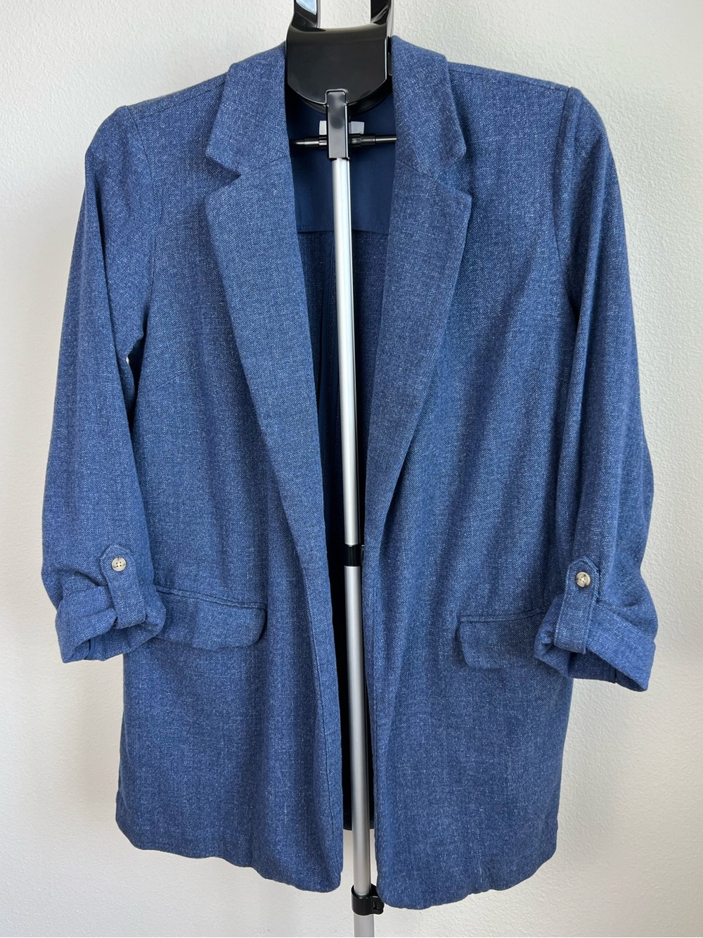 J Jill Blue Chambray Blazer Jacket Womens S Open Front Career Casual Old Money